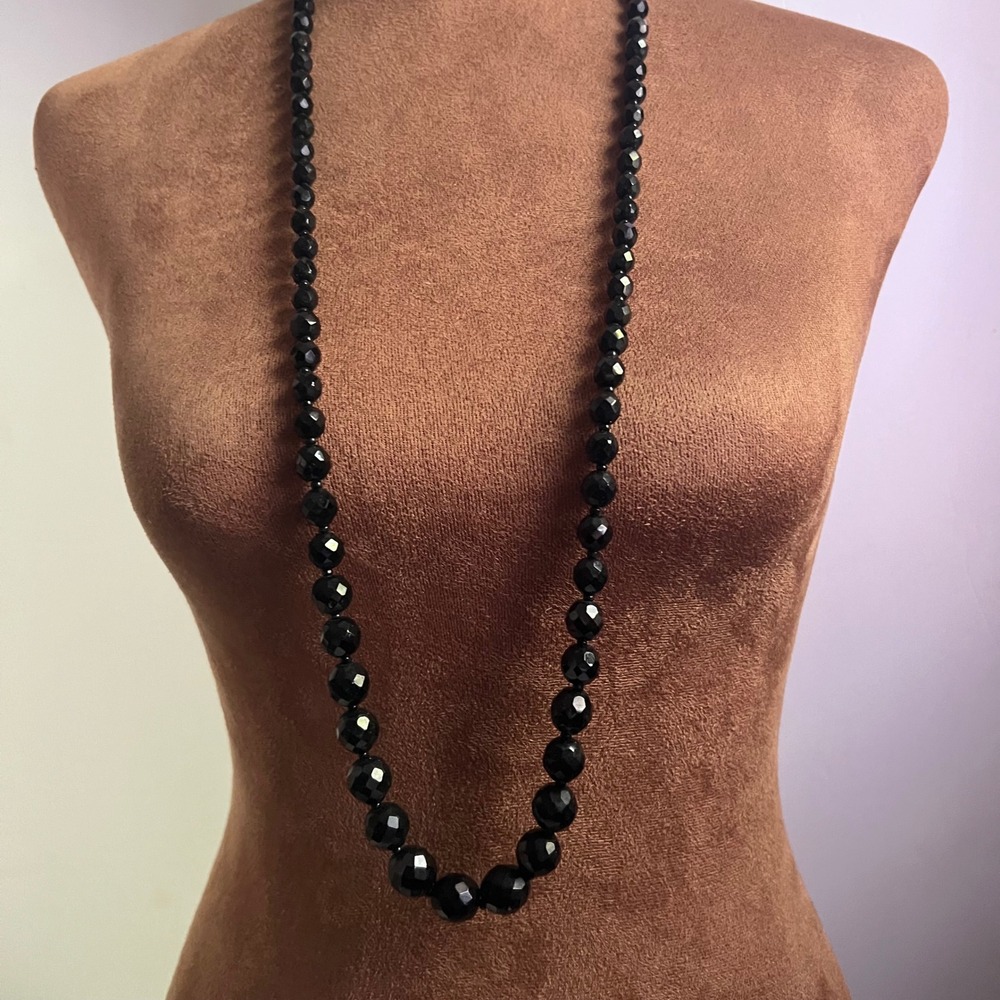Vintage Black Faceted Glass Bead Long Strand Necklace 36 Inch Goth